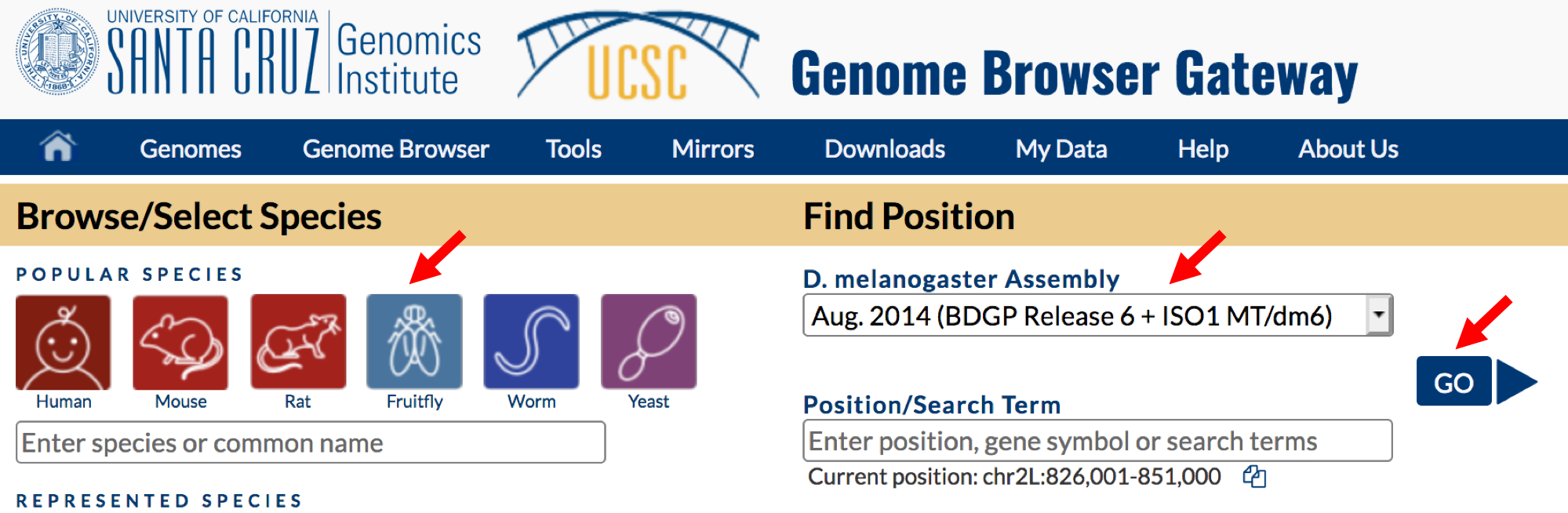 GEP UCSC Genome Browser Gateway page